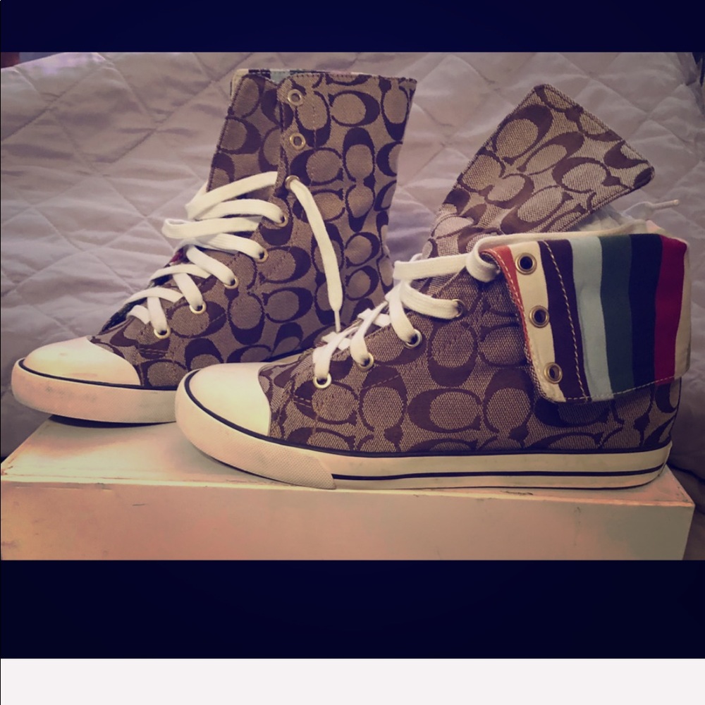 Coach Multi color stripes high top sneaker.